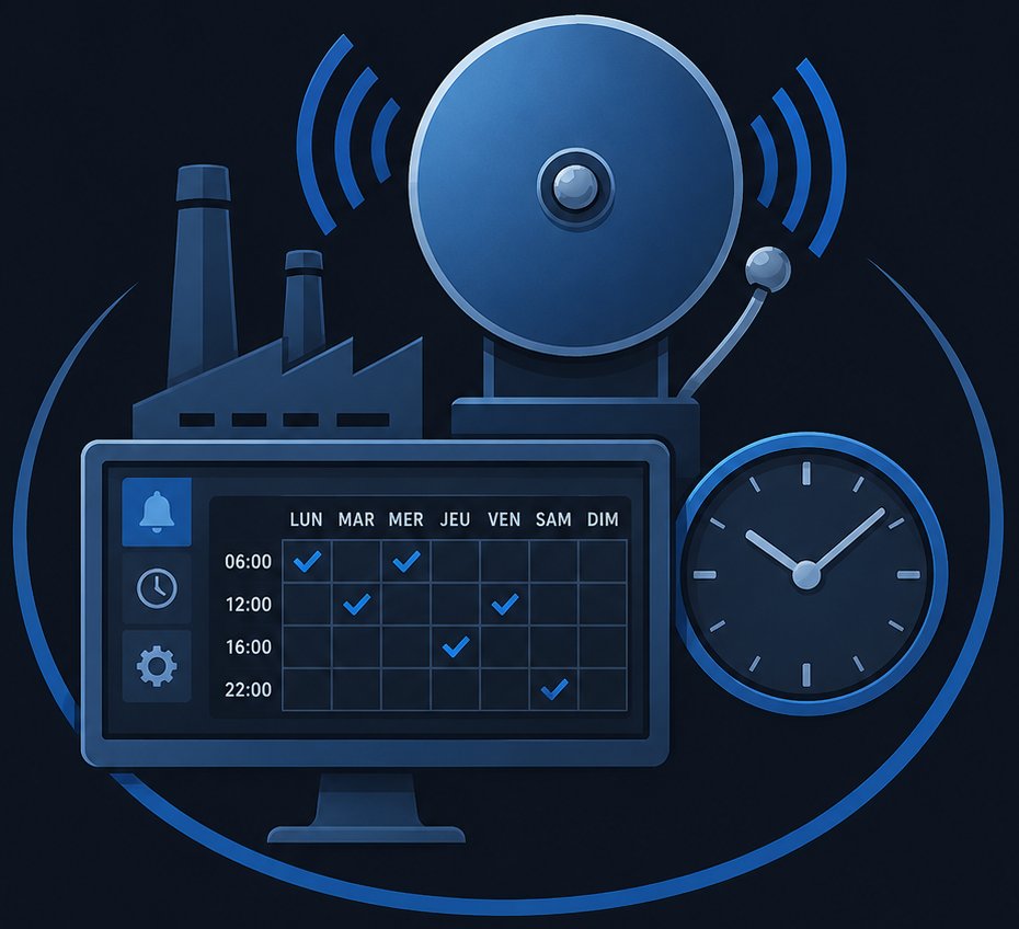 BillProduction Gestionnaire de Sonneries — cloche d'usine, horaire 7 jours sur écran Windows, horloge