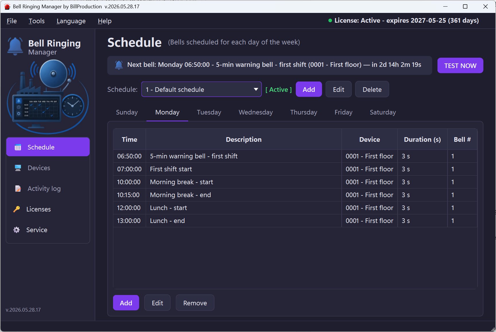 BillProduction Bell Ringing Manager software with active license status — Monday schedule view with 5-min warning bell, first shift start, morning break, lunch events on device 0001 First floor, countdown to next bell and Test Now button