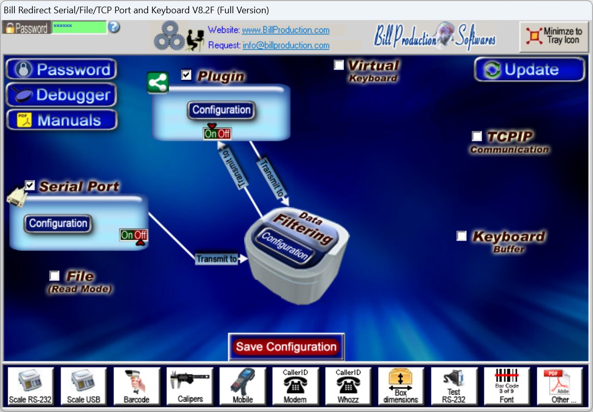 Bill Redirect configured for scale to Excel — Serial Port input enabled for the scale, Data Filtering in the center, Plugin output enabled towards Excel, with Scale RS-232 and Scale USB preset buttons in the bottom toolbar