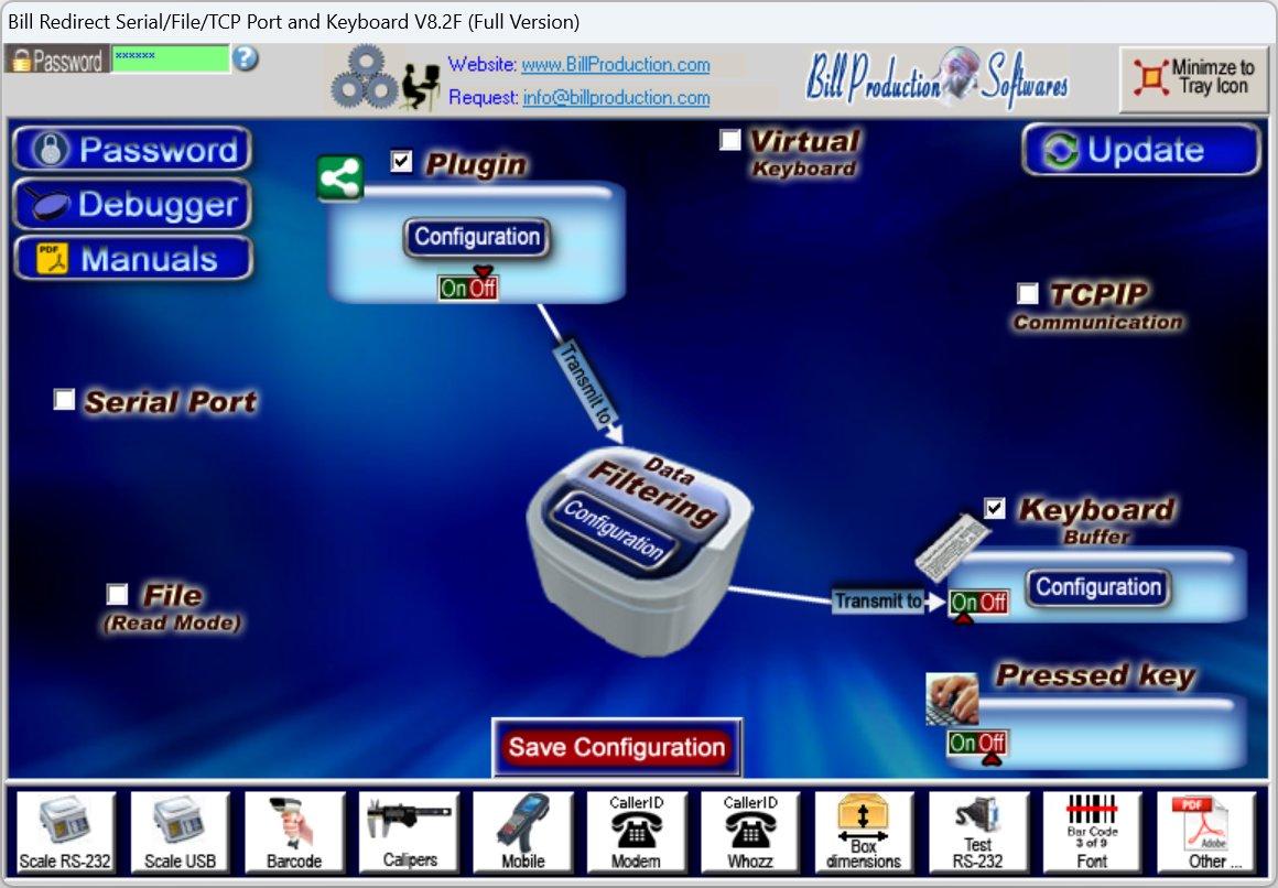 Bill Redirect main interface — Plugin checkbox enabled with Configuration button, Data Filtering in the center, Keyboard Buffer output enabled