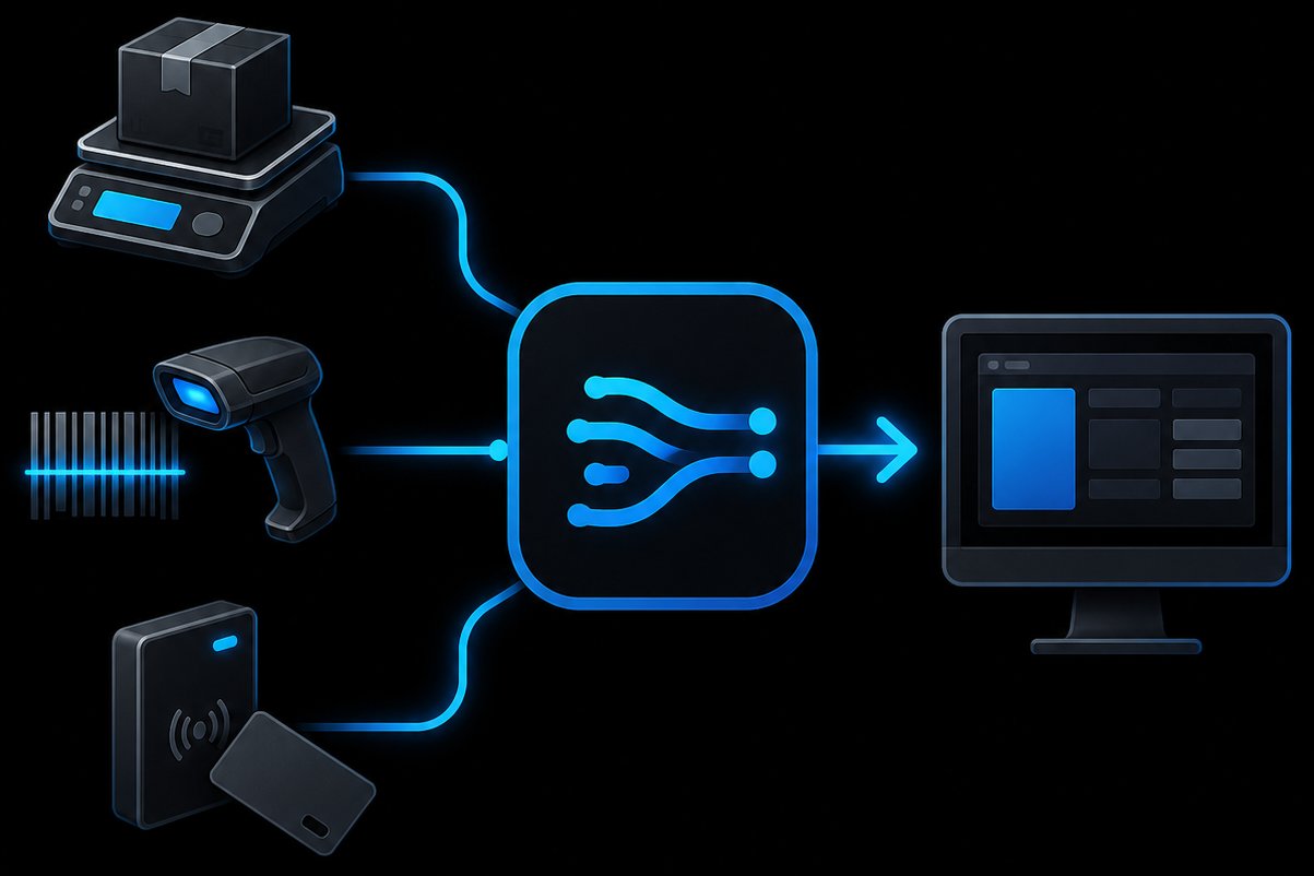 Bill Redirect data flow — serial scale, USB barcode scanner and RFID proximity reader redirected into a Windows application