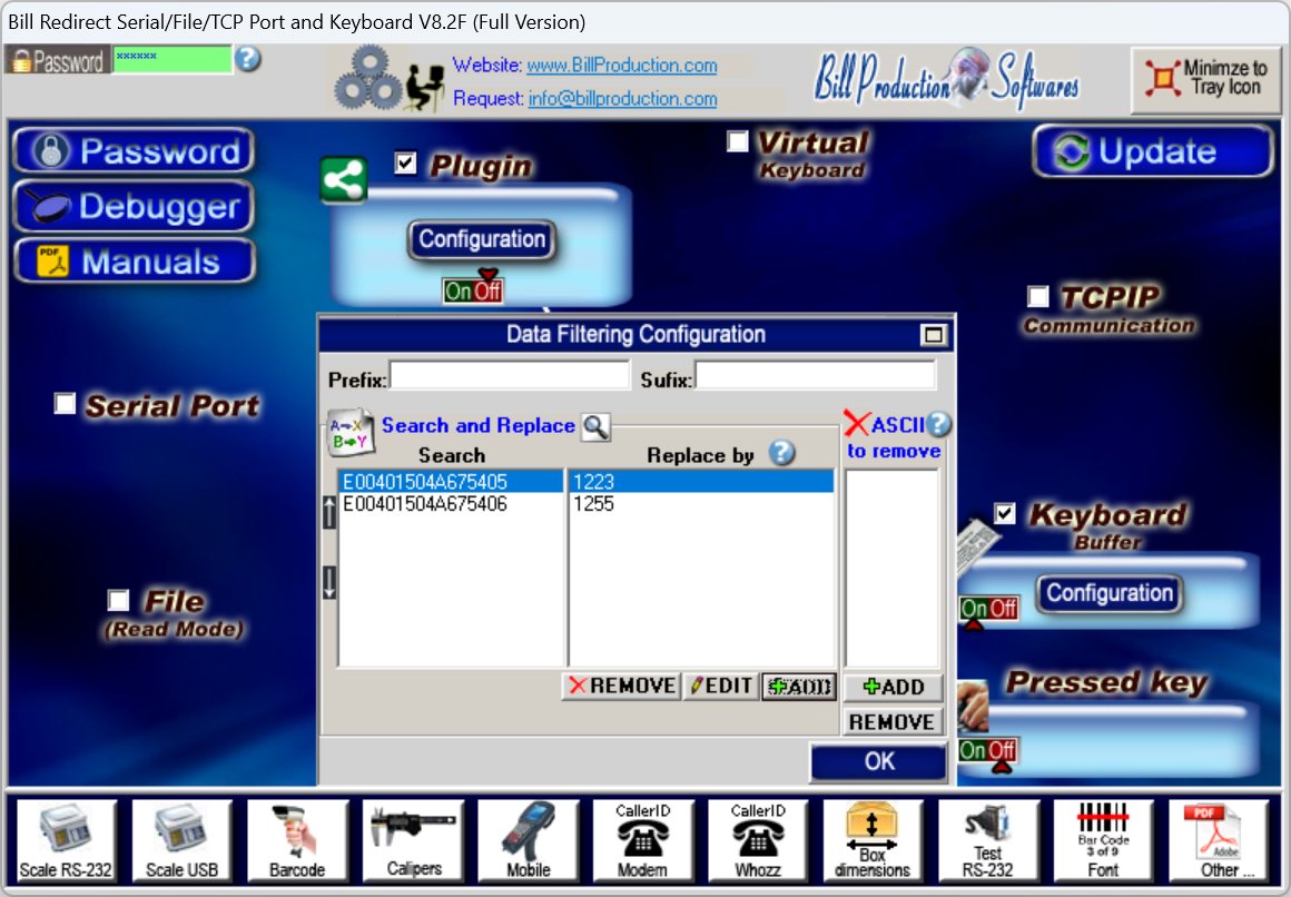 Bill Redirect Data Filtering Configuration — Search and Replace table converting card number E00401504A675405 to employee number 1223 and E00401504A675406 to 1255