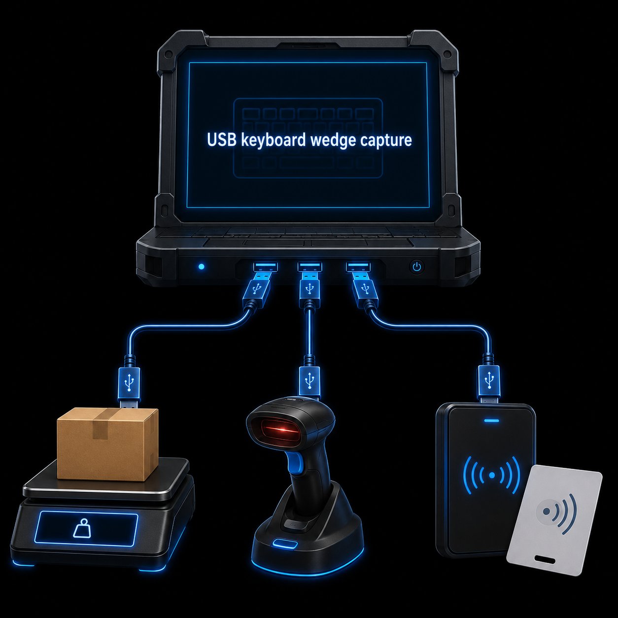 USB Keyboard Wedge Capture — rugged Windows tablet connected via USB to a scale (with package), barcode scanner and HID proximity card reader, illustrating how Bill Redirect intercepts USB HID keyboard devices