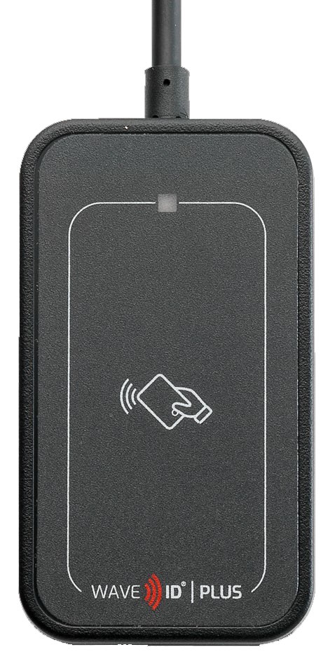 rfIDEAS WAVE ID® Plus Mini — compact USB RFID badge reader with card tap icon