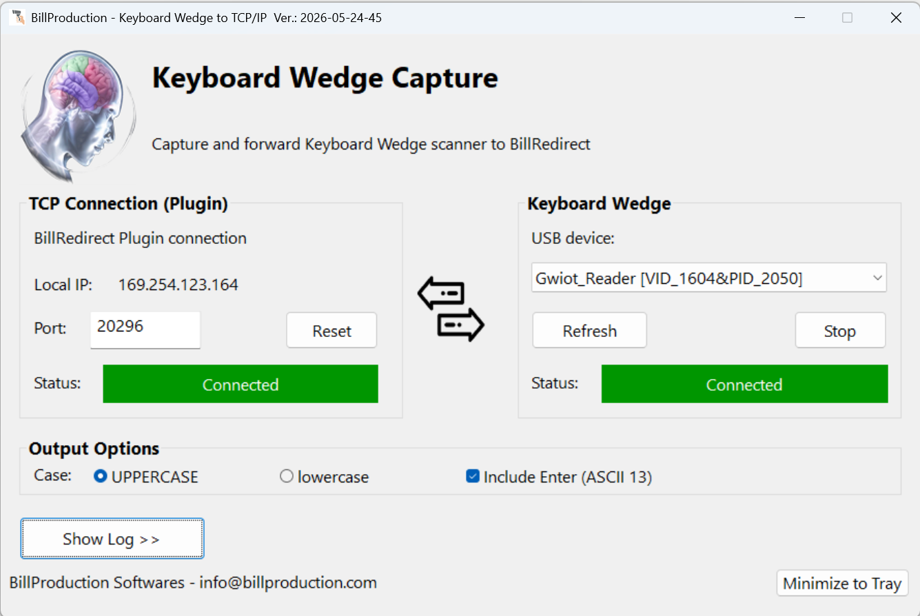 Capture d'écran du module Keyboard Wedge Capture — intercepteur USB HID pour Bill Redirect